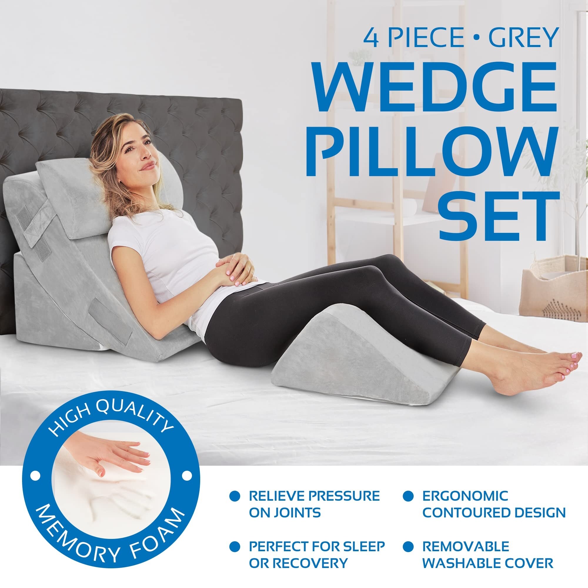4 PC Bed Wedge Pillows Set Orthopedic Wedge Pillow for Sleeping with Memory Foam Multi Angle Relief System Queen